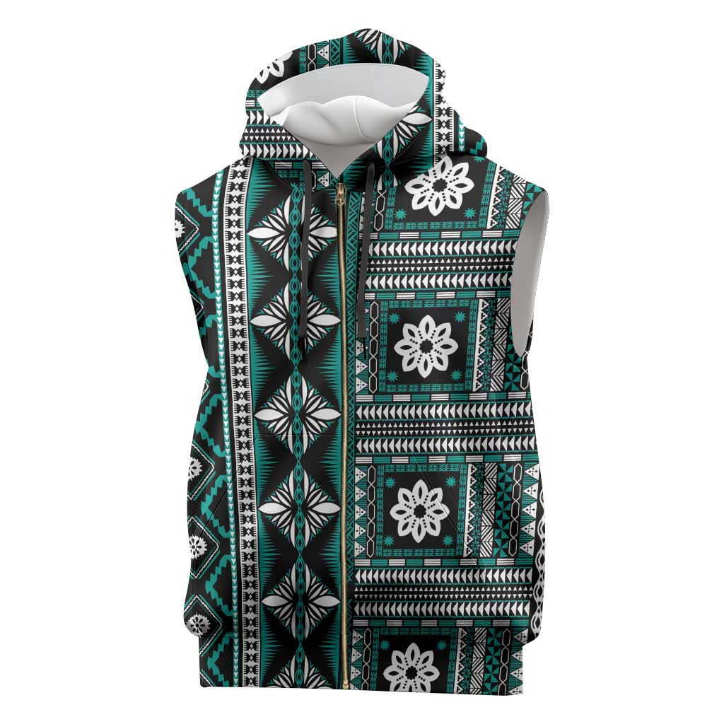 Fiji Masi Tapa Pattern Teal Sleeveless Zip Hoodie - Polynesian Pride