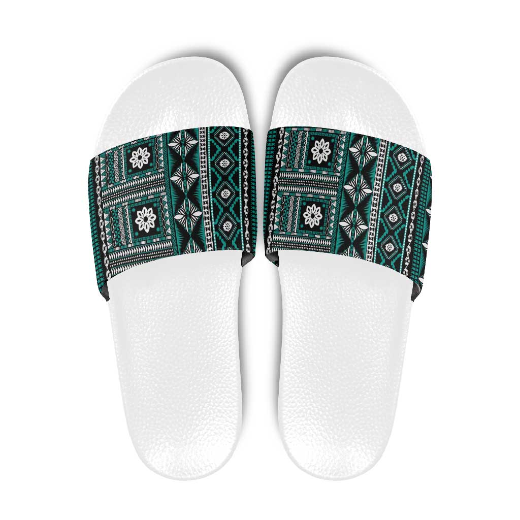 Fiji Masi Tapa Pattern Teal Slide Sandals LT01 Teal - Polynesian Pride