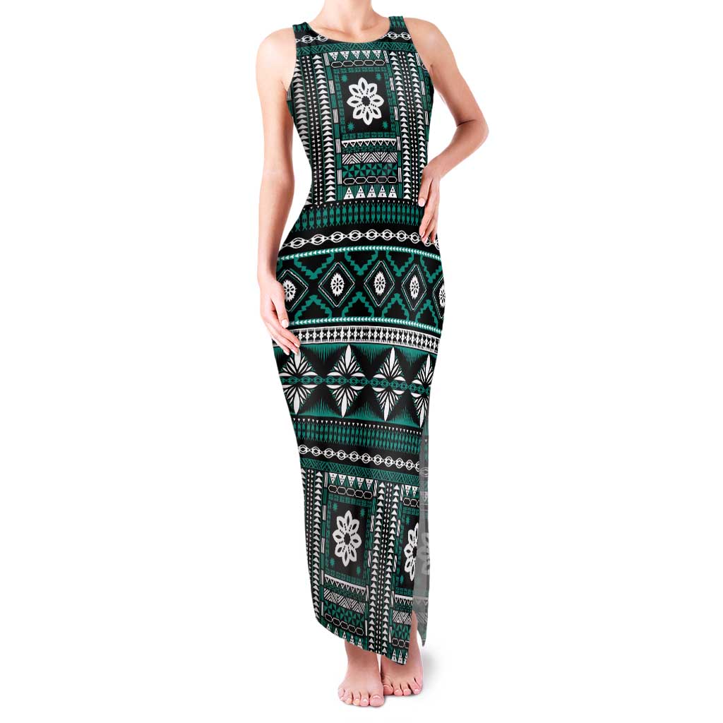 Fiji Masi Tapa Pattern Teal Tank Maxi Dress LT01 Women Teal - Polynesian Pride