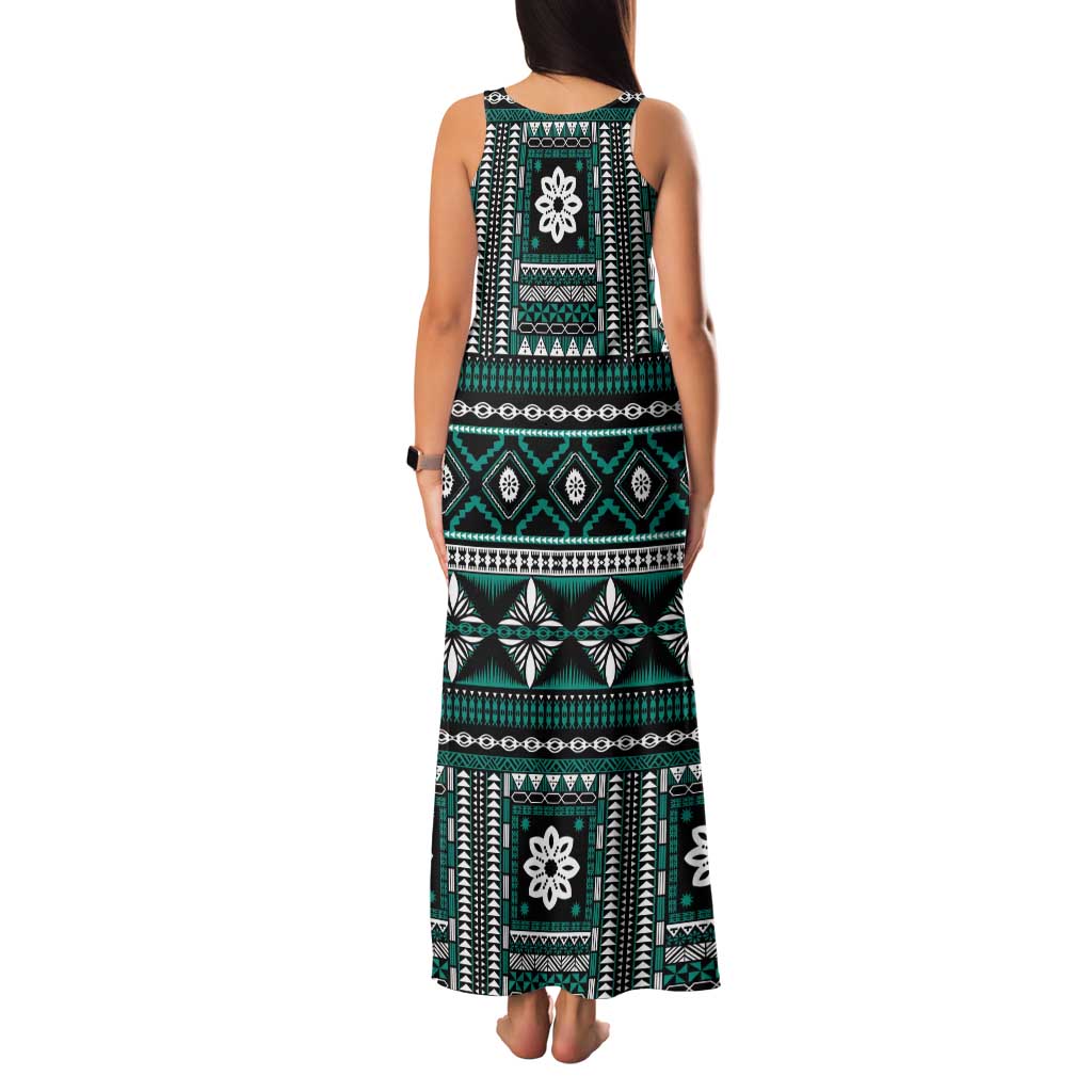 Fiji Masi Tapa Pattern Teal Tank Maxi Dress LT01 - Polynesian Pride