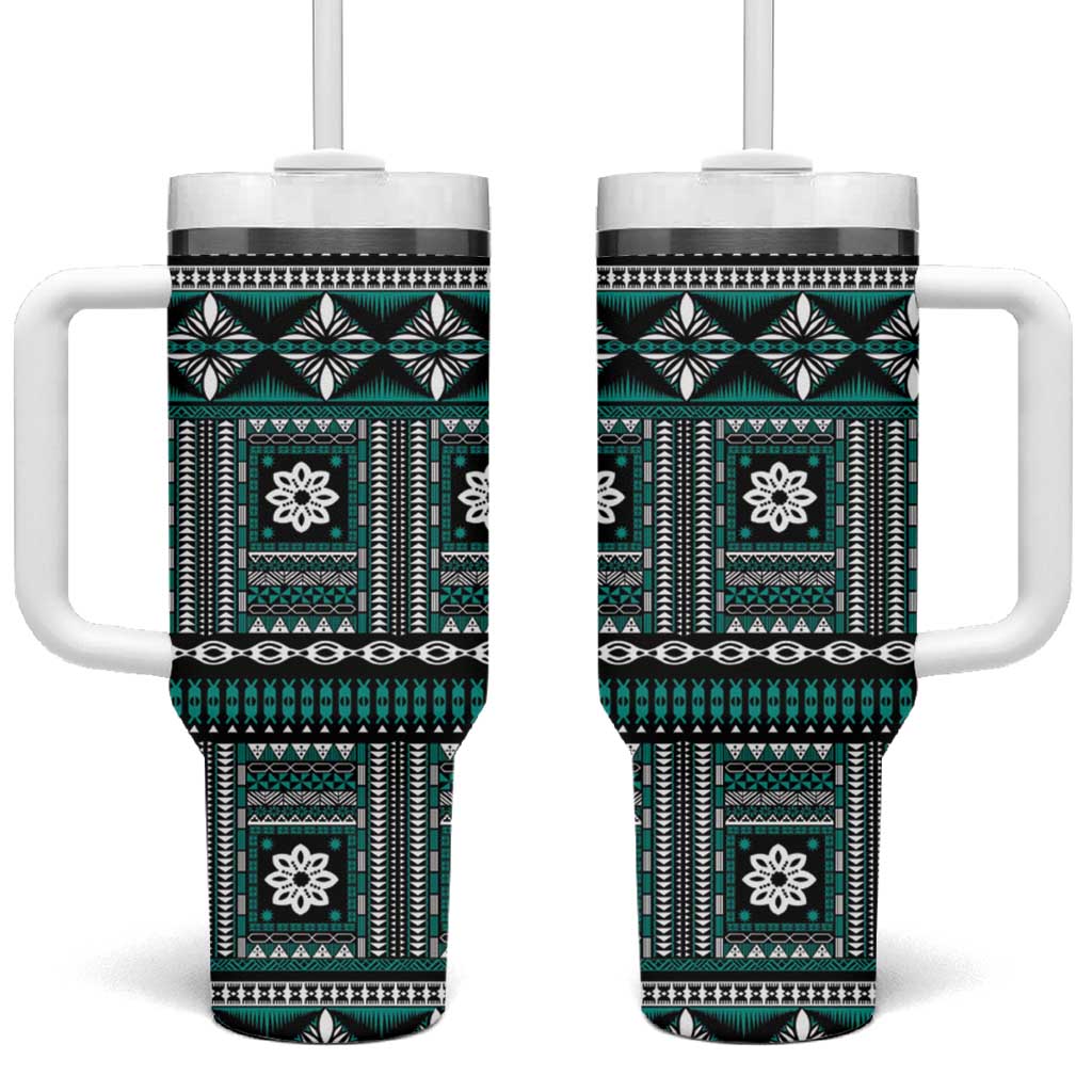 Fiji Masi Tapa Pattern Teal Tumbler With Handle - Polynesian Pride