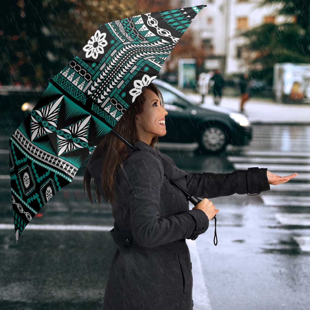 Fiji Masi Tapa Pattern Teal Umbrella - Polynesian Pride