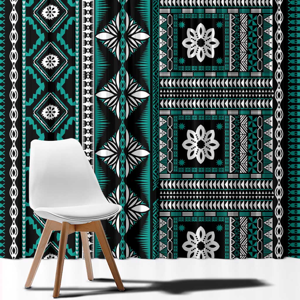 Fiji Masi Tapa Pattern Teal Window Curtain - Polynesian Pride