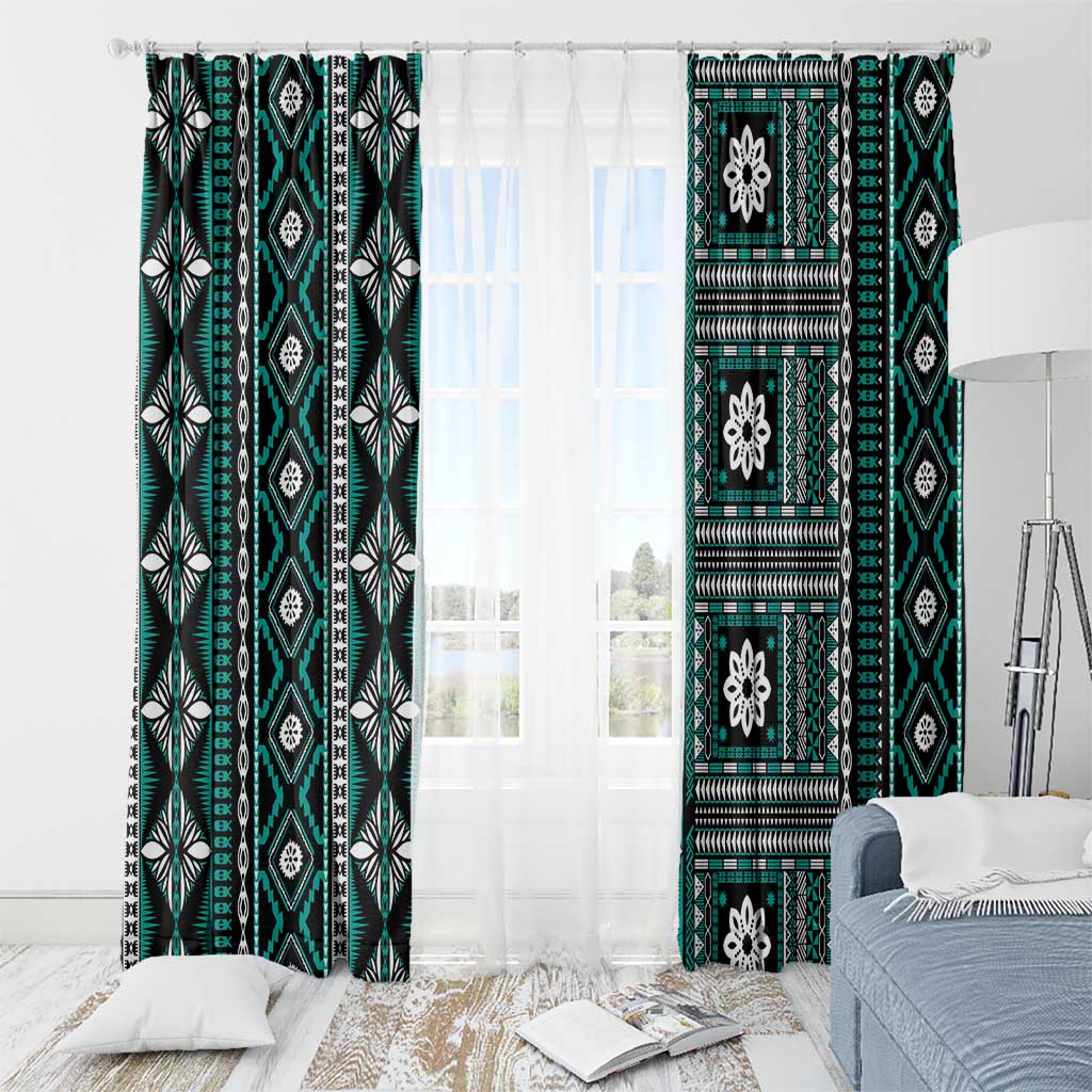 Fiji Masi Tapa Pattern Teal Window Curtain - Polynesian Pride