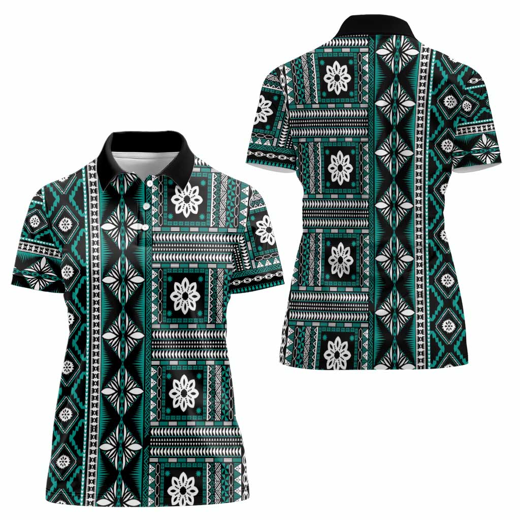 Fiji Masi Tapa Pattern Teal Women Polo Shirt - Polynesian Pride