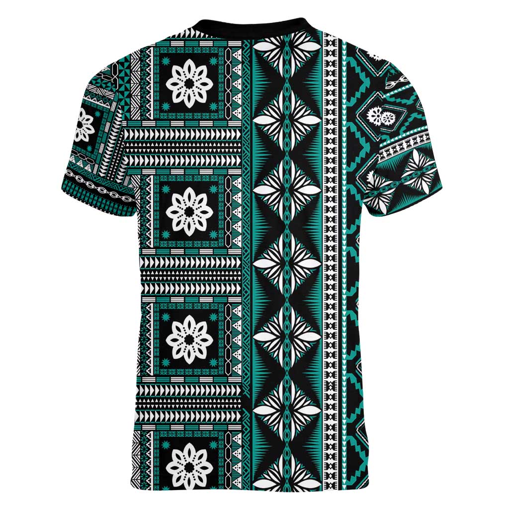Fiji Masi Tapa Pattern Teal Women V-Neck T-Shirt - Polynesian Pride
