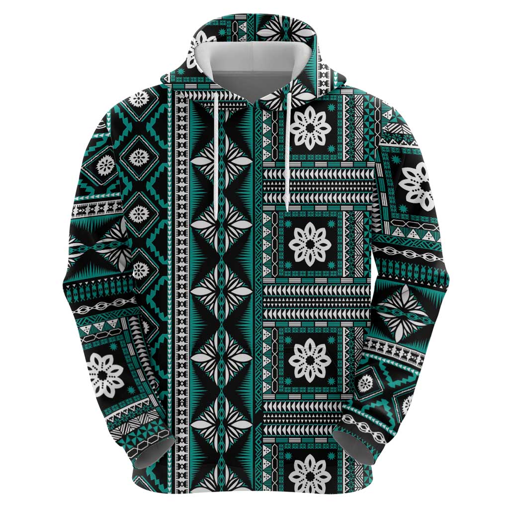 Fiji Masi Tapa Pattern Teal Zip Hoodie - Polynesian Pride