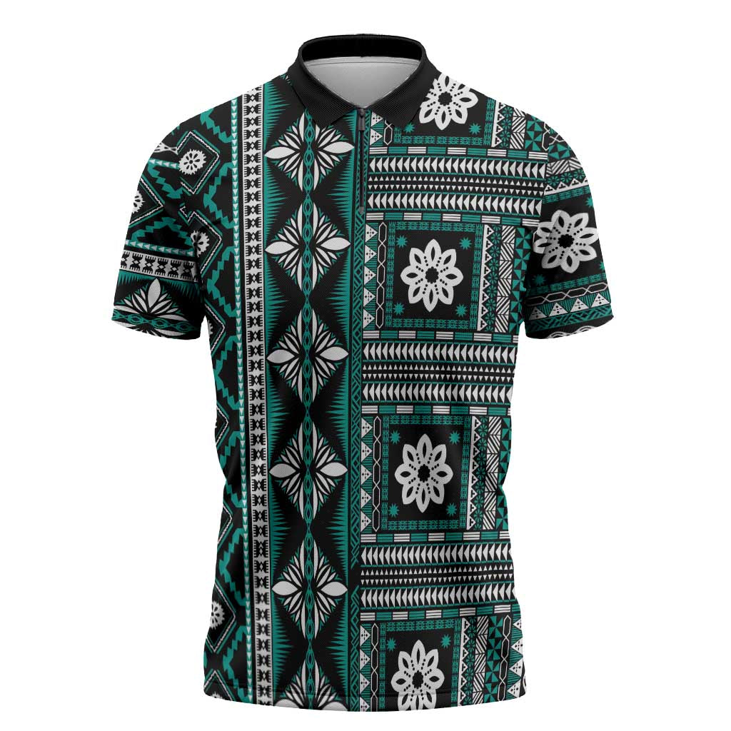 Fiji Masi Tapa Pattern Teal Zipper Polo Shirt - Polynesian Pride