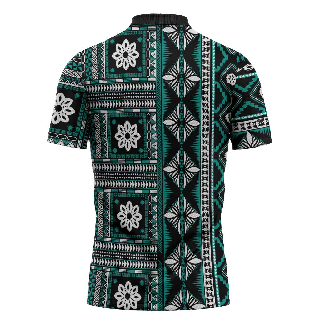 Fiji Masi Tapa Pattern Teal Zipper Polo Shirt - Polynesian Pride