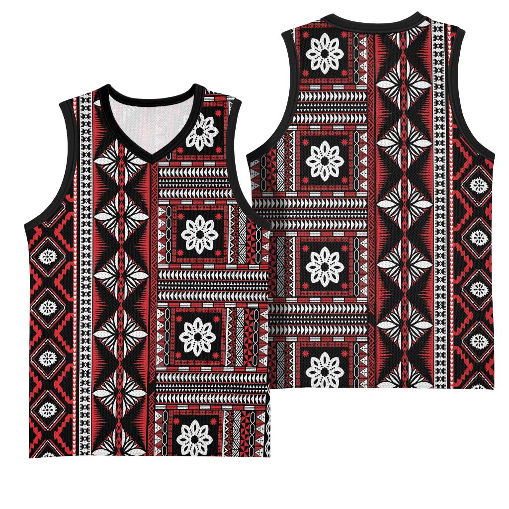 Fiji Masi Tapa Pattern Red Basketball Jersey - Polynesian Pride