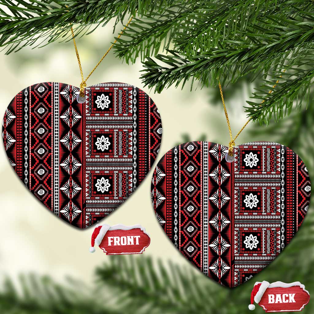 Fiji Masi Tapa Pattern Red Ceramic Ornament LT01 Heart Red - Polynesian Pride
