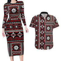 Fiji Masi Tapa Pattern Red Couples Matching Long Sleeve Bodycon Dress and Hawaiian Shirt - Polynesian Pride