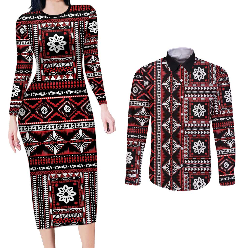 Fiji Masi Tapa Pattern Red Couples Matching Long Sleeve Bodycon Dress and Long Sleeve Button Shirt - Polynesian Pride