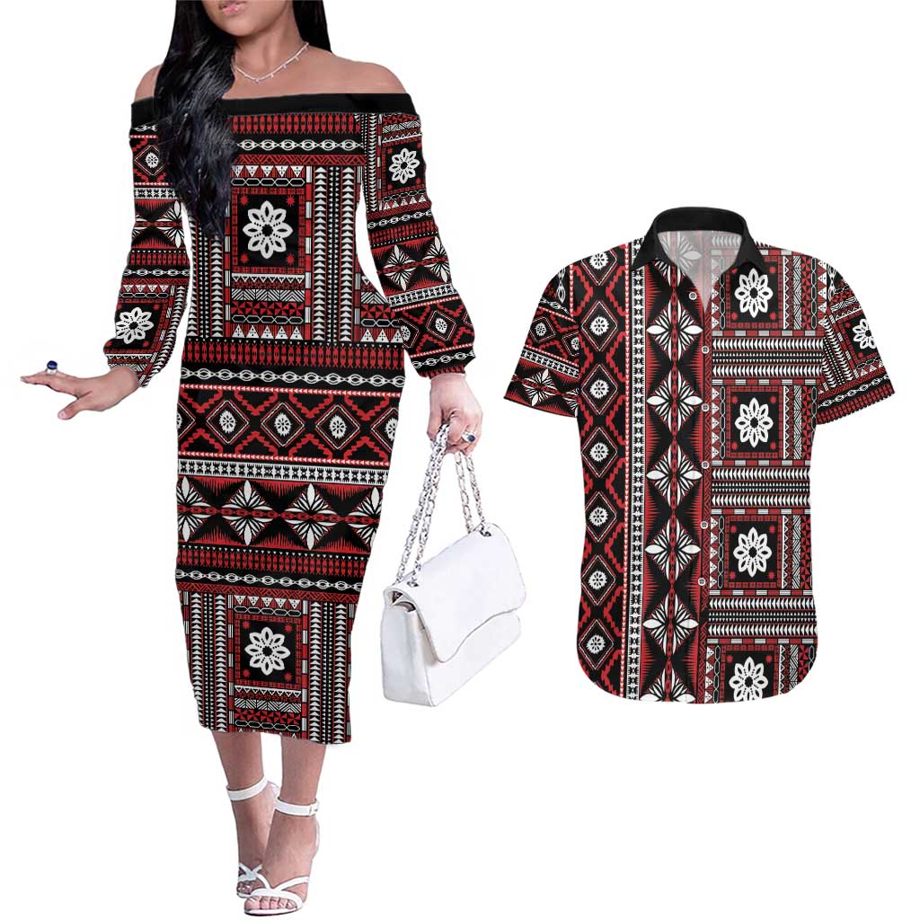 Fiji Masi Tapa Pattern Red Couples Matching Off The Shoulder Long Sleeve Dress and Hawaiian Shirt - Polynesian Pride