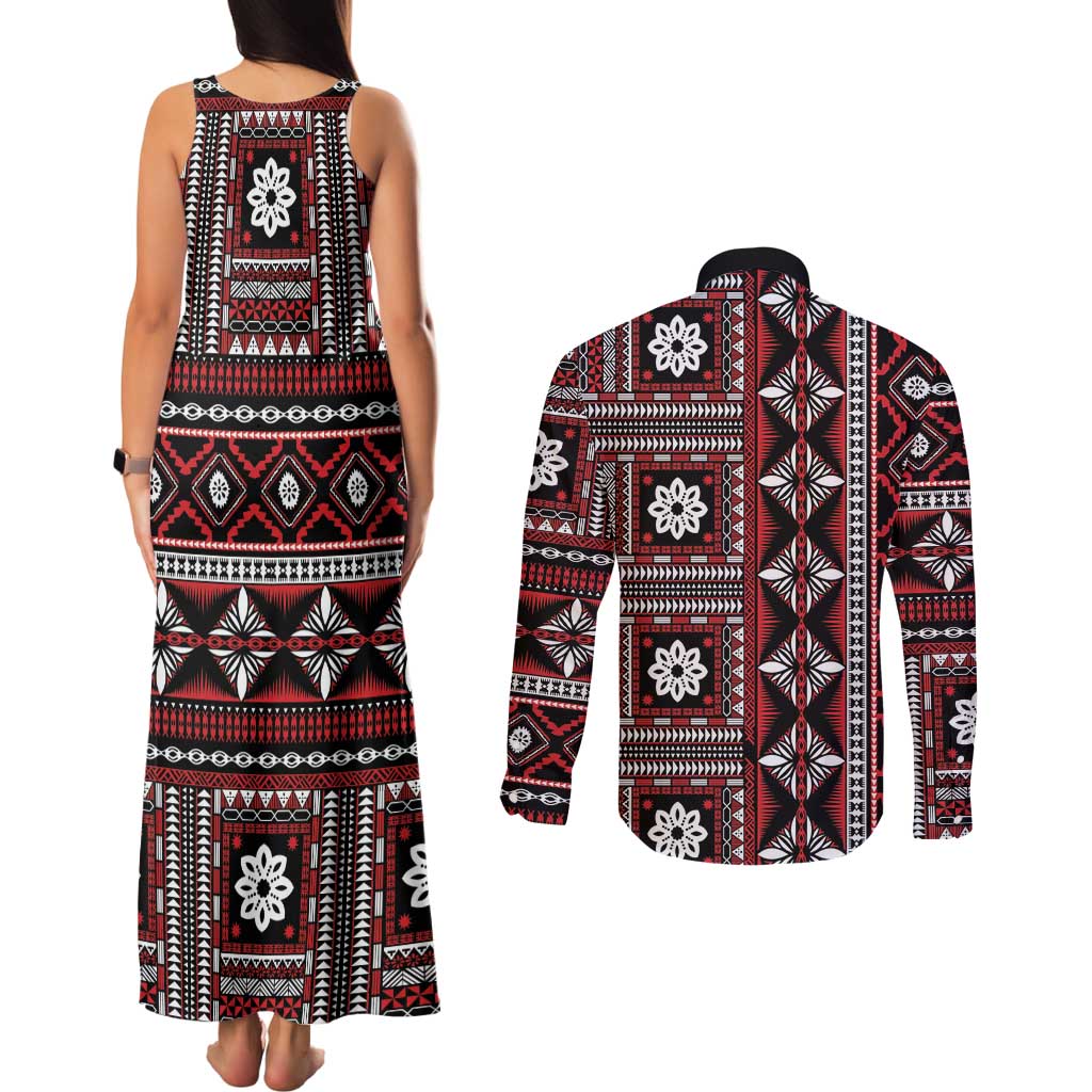 Fiji Masi Tapa Pattern Red Couples Matching Tank Maxi Dress and Long Sleeve Button Shirt - Polynesian Pride