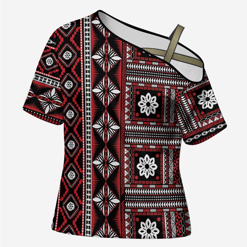Fiji Masi Tapa Pattern Red Cross Shoulder Shirt - Polynesian Pride