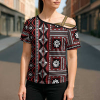 Fiji Masi Tapa Pattern Red Cross Shoulder Shirt - Polynesian Pride