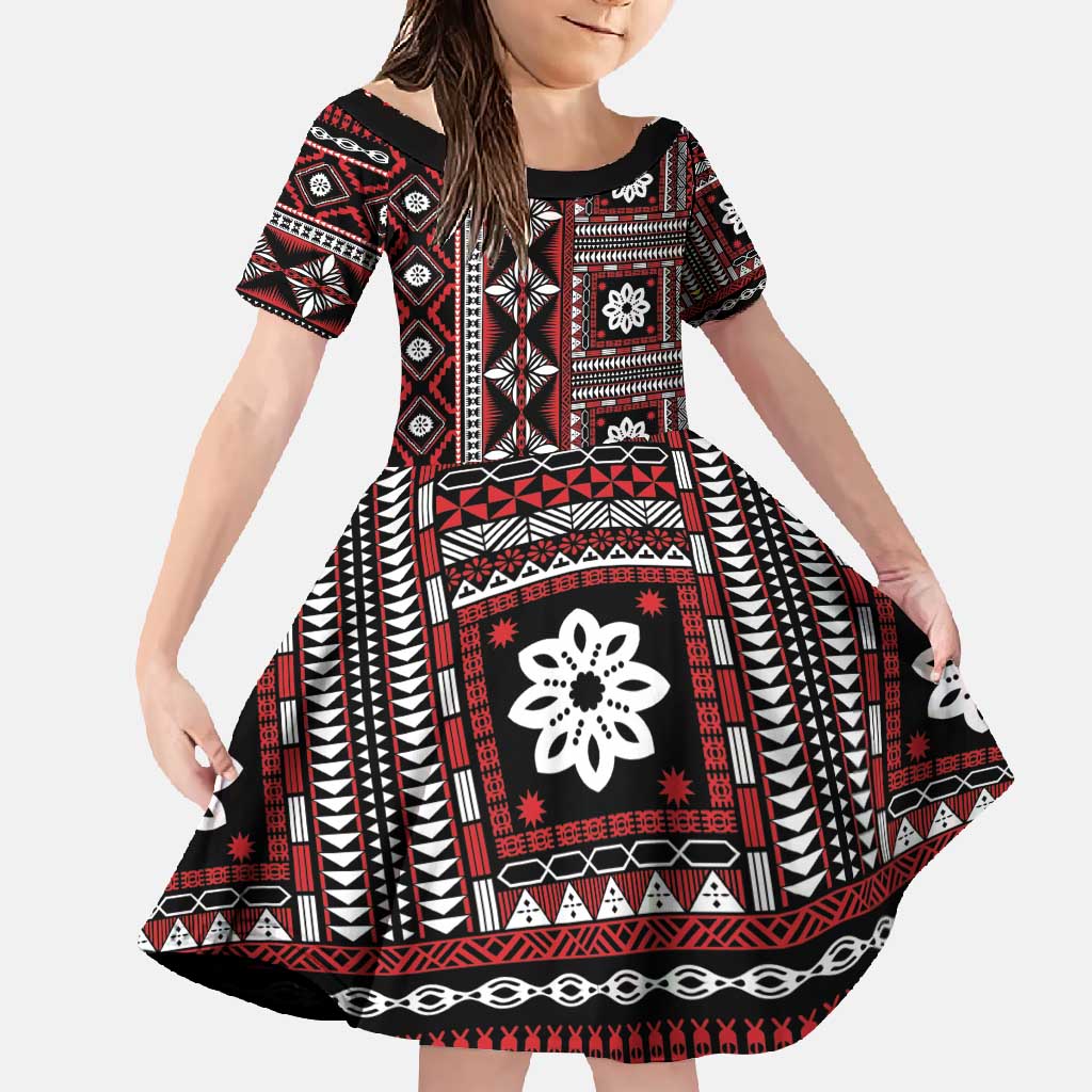 Fiji Masi Tapa Pattern Red Family Matching Off Shoulder Maxi Dress and Hawaiian Shirt - Polynesian Pride