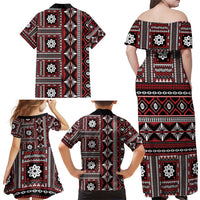 Fiji Masi Tapa Pattern Red Family Matching Off Shoulder Maxi Dress and Hawaiian Shirt - Polynesian Pride