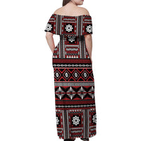 Fiji Masi Tapa Pattern Red Family Matching Off Shoulder Maxi Dress and Hawaiian Shirt - Polynesian Pride