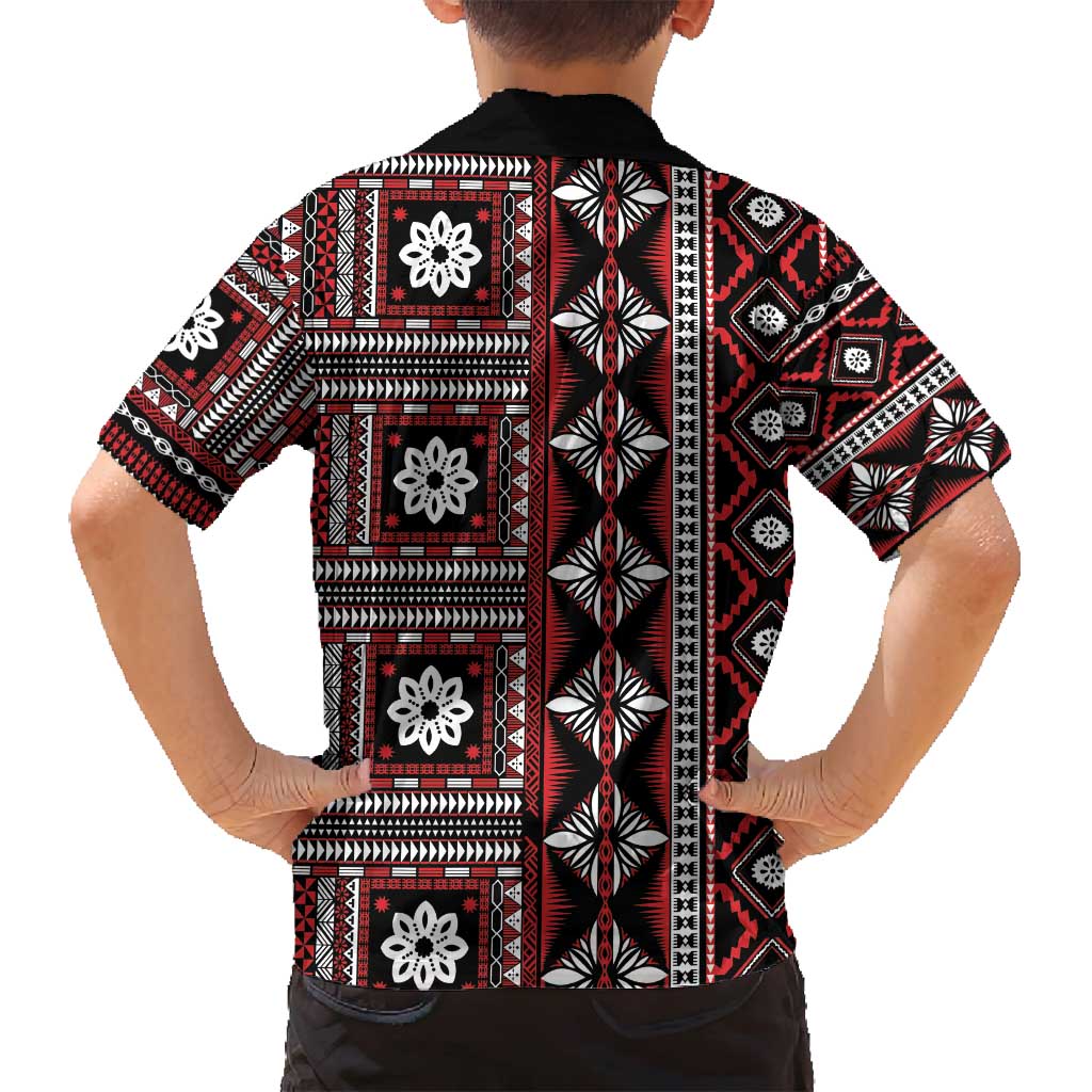 Fiji Masi Tapa Pattern Red Family Matching Off Shoulder Short Dress and Hawaiian Shirt - Polynesian Pride