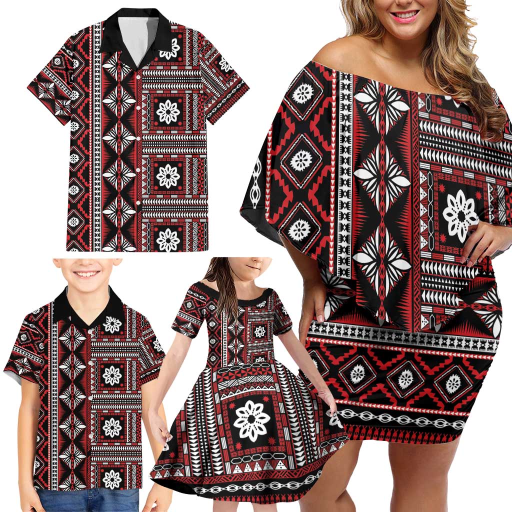 Fiji Masi Tapa Pattern Red Family Matching Off Shoulder Short Dress and Hawaiian Shirt - Polynesian Pride