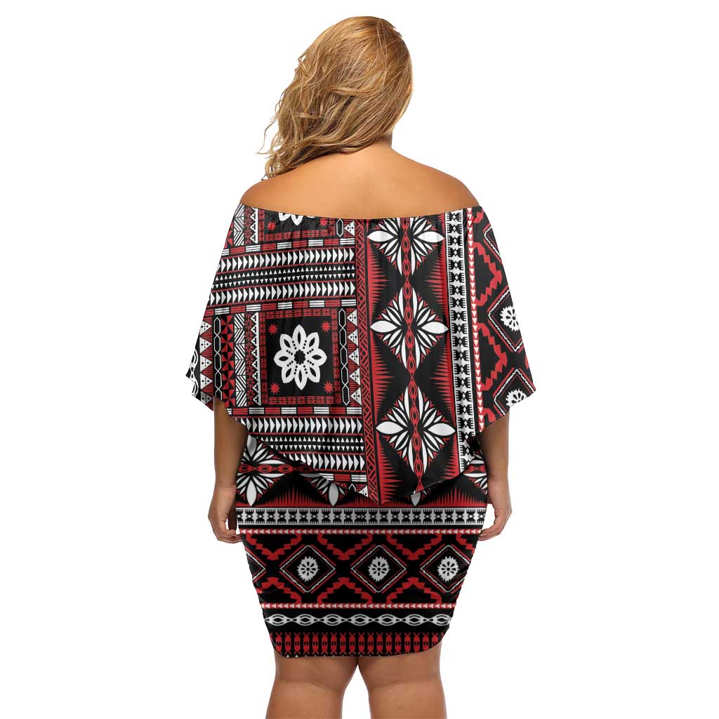 Fiji Masi Tapa Pattern Red Family Matching Off Shoulder Short Dress and Hawaiian Shirt - Polynesian Pride
