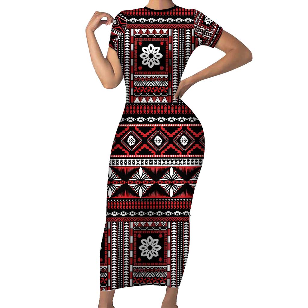 Fiji Masi Tapa Pattern Red Family Matching Short Sleeve Bodycon Dress and Hawaiian Shirt - Polynesian Pride