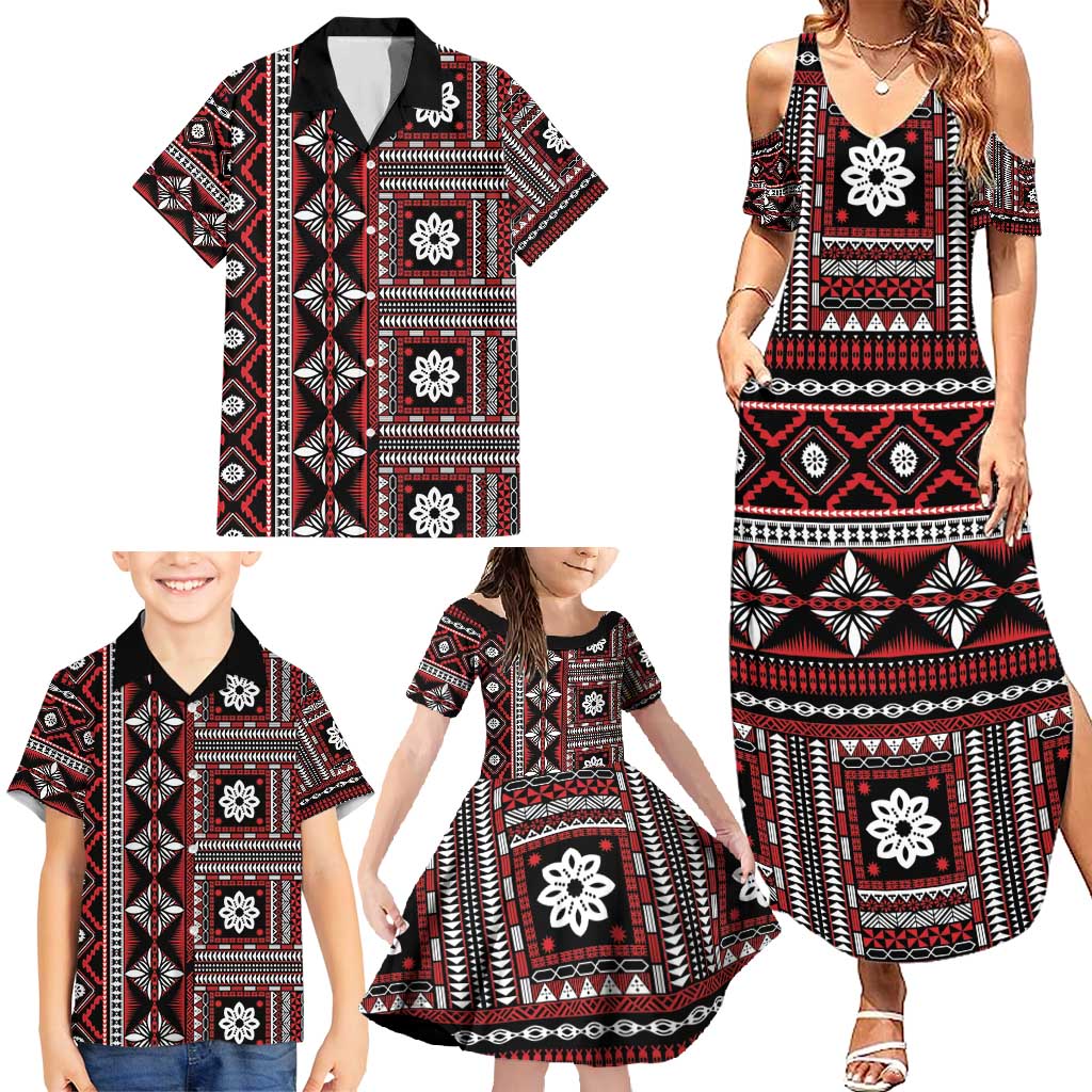 Fiji Masi Tapa Pattern Red Family Matching Summer Maxi Dress and Hawaiian Shirt - Polynesian Pride