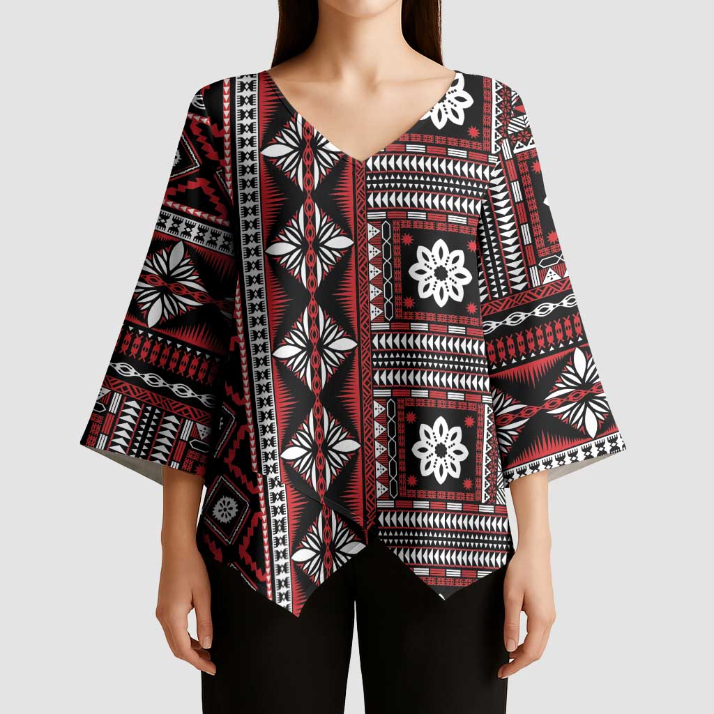 Fiji Masi Tapa Pattern Red Kimono Sleeve Blouse - Polynesian Pride
