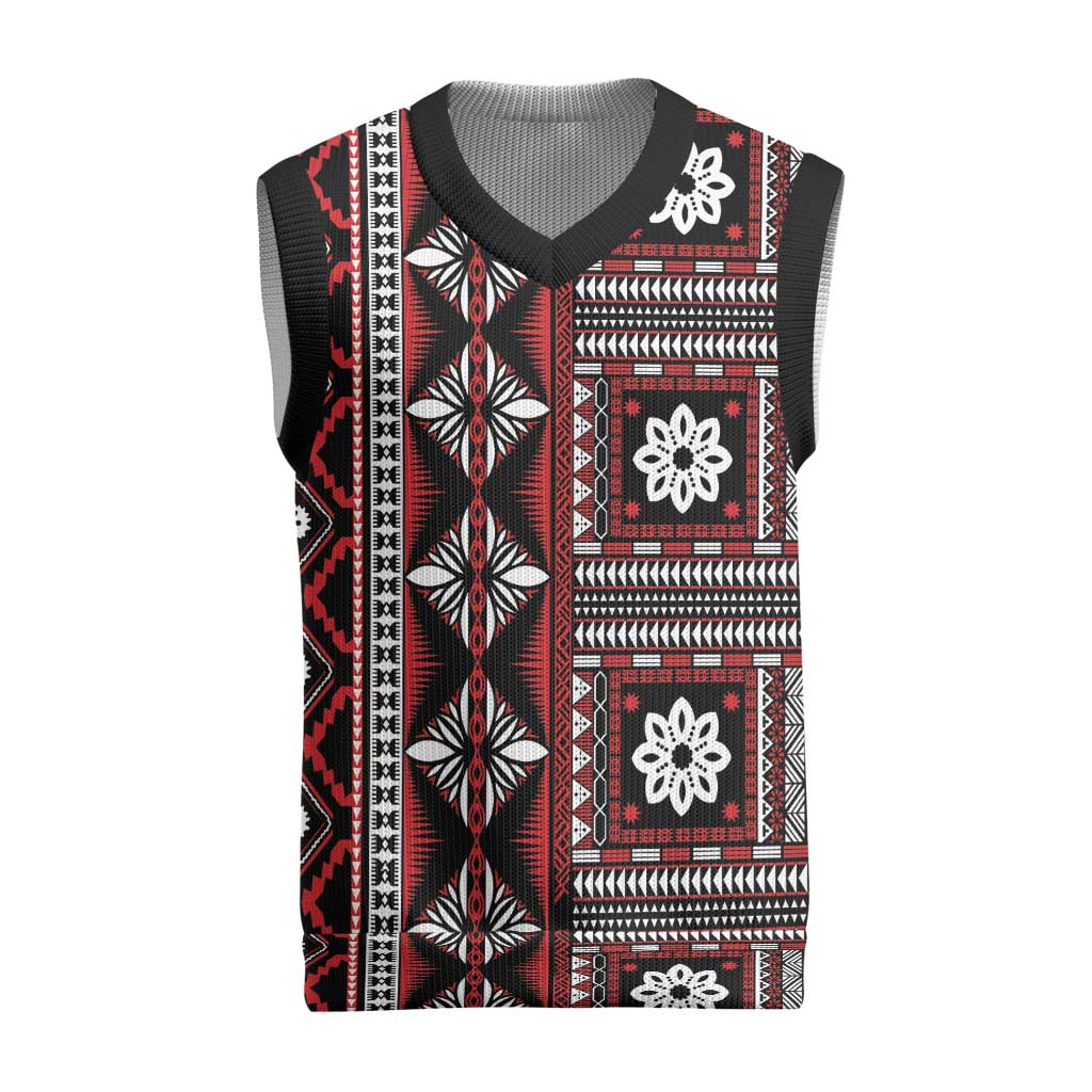 Fiji Masi Tapa Pattern Red Christmas Knitted V-Neck Vest - Polynesian Pride
