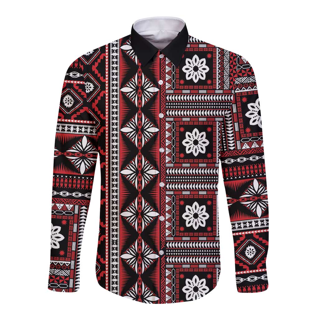 Fiji Masi Tapa Pattern Red Long Sleeve Button Shirt LT01 Unisex Red - Polynesian Pride