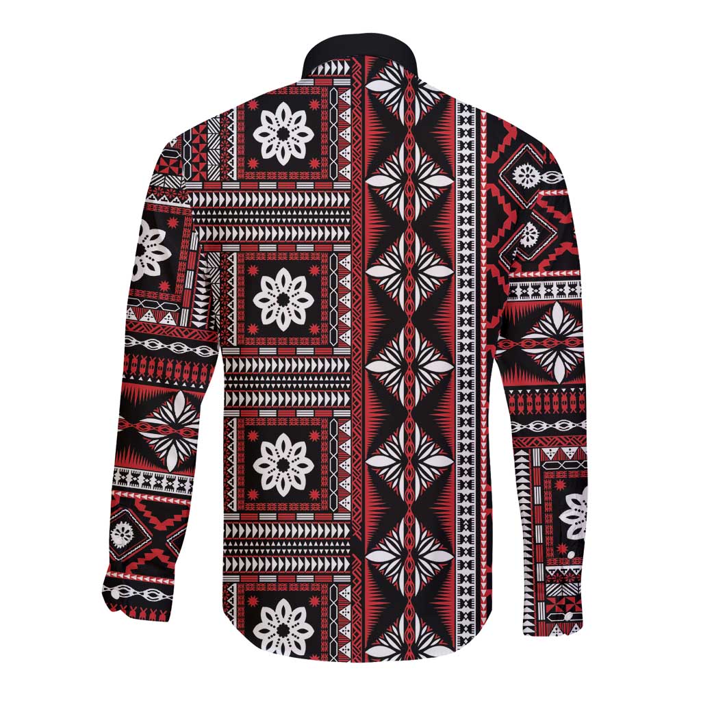 Fiji Masi Tapa Pattern Red Long Sleeve Button Shirt LT01 - Polynesian Pride
