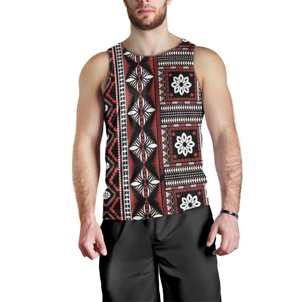 Fiji Masi Tapa Pattern Red Men Tank Top - Polynesian Pride