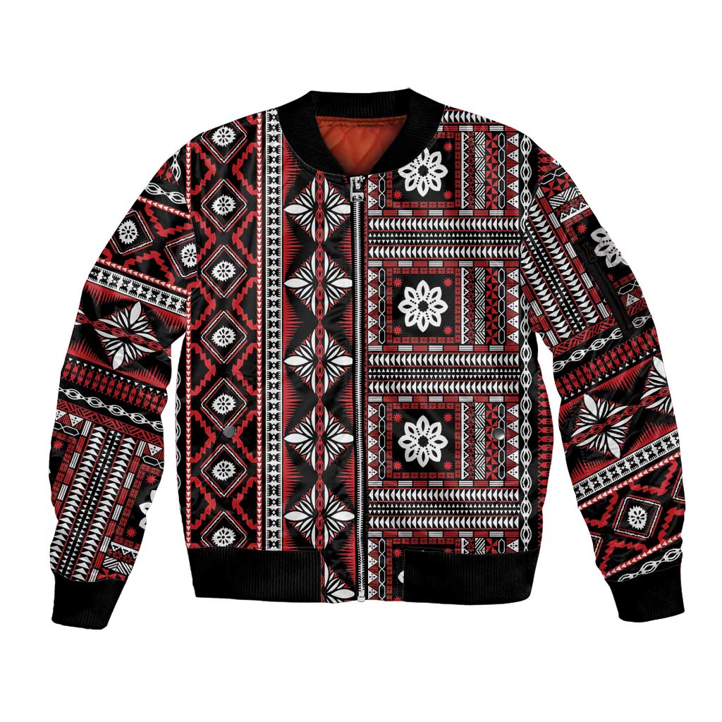 Fiji Masi Tapa Pattern Red Sleeve Zip Bomber Jacket - Polynesian Pride