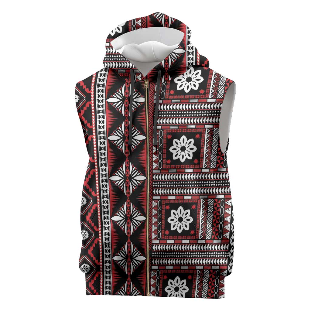 Fiji Masi Tapa Pattern Red Sleeveless Zip Hoodie - Polynesian Pride