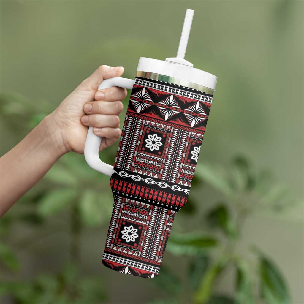 Fiji Masi Tapa Pattern Red Tumbler With Handle - Polynesian Pride