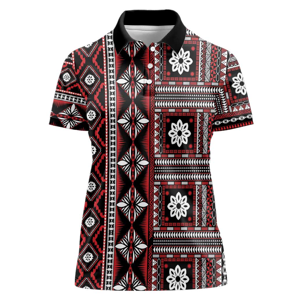 Fiji Masi Tapa Pattern Red Women Polo Shirt - Polynesian Pride