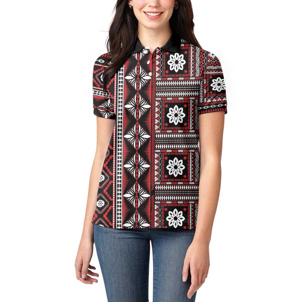 Fiji Masi Tapa Pattern Red Women Polo Shirt - Polynesian Pride