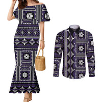 Fiji Masi Tapa Pattern Purple Couples Matching Mermaid Dress and Long Sleeve Button Shirt - Polynesian Pride