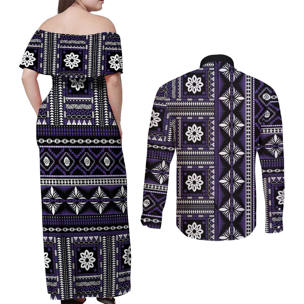Fiji Masi Tapa Pattern Purple Couples Matching Off Shoulder Maxi Dress and Long Sleeve Button Shirt - Polynesian Pride