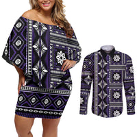 Fiji Masi Tapa Pattern Purple Couples Matching Off Shoulder Short Dress and Long Sleeve Button Shirt - Polynesian Pride