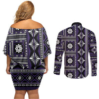Fiji Masi Tapa Pattern Purple Couples Matching Off Shoulder Short Dress and Long Sleeve Button Shirt - Polynesian Pride
