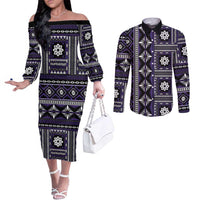 Fiji Masi Tapa Pattern Purple Couples Matching Off The Shoulder Long Sleeve Dress and Long Sleeve Button Shirt - Polynesian Pride
