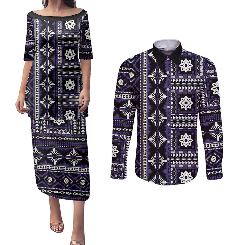 Fiji Masi Tapa Pattern Purple Couples Matching Puletasi and Long Sleeve Button Shirt - Polynesian Pride