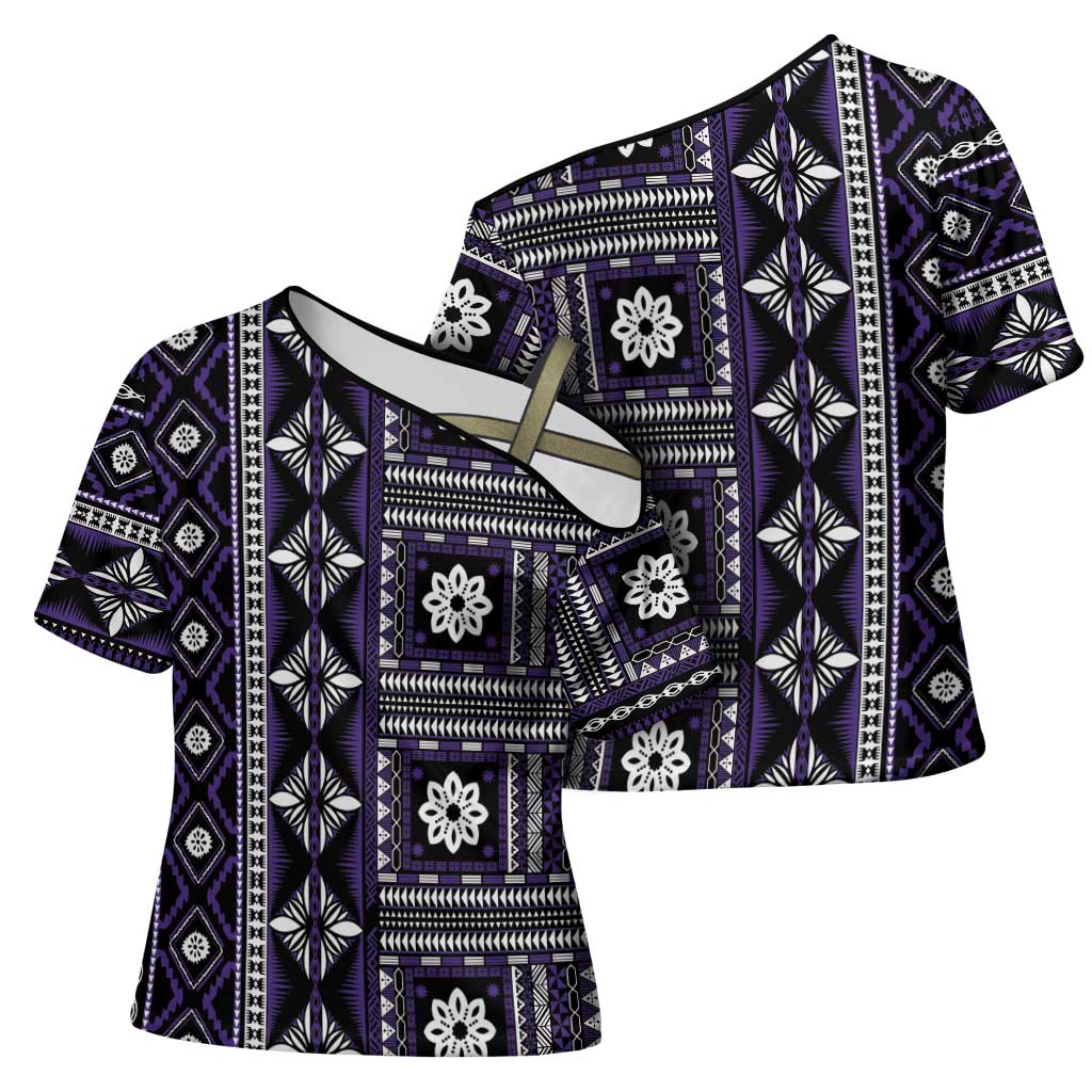 Fiji Masi Tapa Pattern Purple Cross Shoulder Shirt - Polynesian Pride