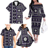Fiji Masi Tapa Pattern Purple Family Matching Off The Shoulder Long Sleeve Dress and Hawaiian Shirt - Polynesian Pride