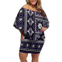 Fiji Masi Tapa Pattern Purple Family Matching Off Shoulder Short Dress and Hawaiian Shirt - Polynesian Pride