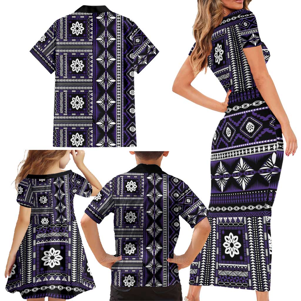 Fiji Masi Tapa Pattern Purple Family Matching Short Sleeve Bodycon Dress and Hawaiian Shirt - Polynesian Pride