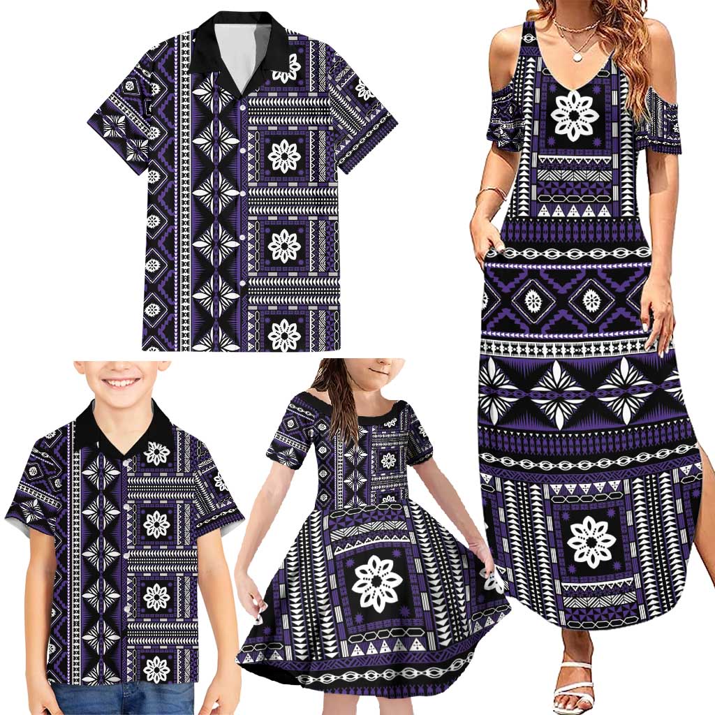 Fiji Masi Tapa Pattern Purple Family Matching Summer Maxi Dress and Hawaiian Shirt - Polynesian Pride